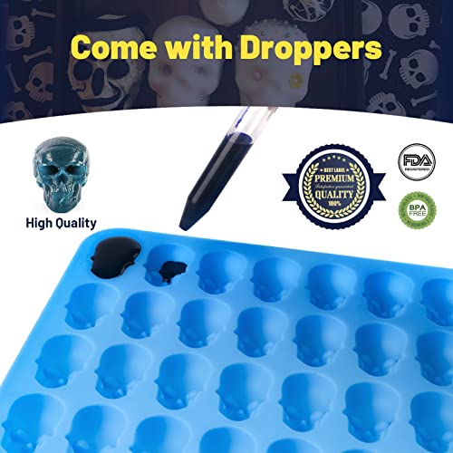 Sidosir 4Pcs Gummy Skull Chocolate Molds, Gummy Skull Candy Molds, Non-stick Silicone Candy Molds with 2 Droppers