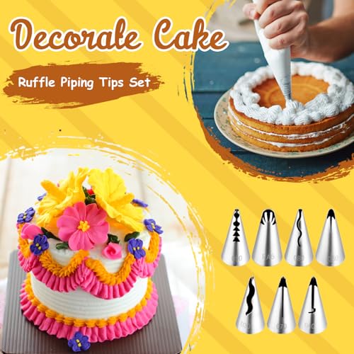Kasmoire 7Pcs Pleated Skirt Piping Tips Set,Stainless Steel Ruffle Piping Nozzles Icing Tips Set with 10Pcs Disposable Piping Bags For Pastry Cupcakes,Cakes Cookies Decorating