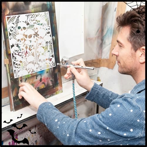 Yinder 4 Pcs Skull Stencils Skull Background Airbrush Stencil Art Template Design DIY Craft Paint Stencils for Airbrush Painting on Wall, Wood, Canvas