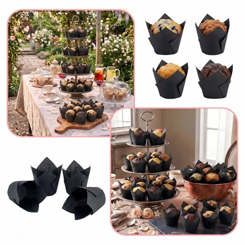 200 Pcs Black Tulip Cupcake Liners for Baking, Standard Size - color: Black