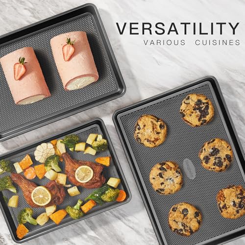 Cookie Sheets for Baking Nonstick - HONGBAKE Baking Sheet Pan Set of 3, Half/Quarter/Jelly Roll Pan for Oven with Diamond Texture Pattern, 57% Thicker Carbon Steel Cookie Trays, Dark Grey - color: Dark Gray (Carbon Steel)