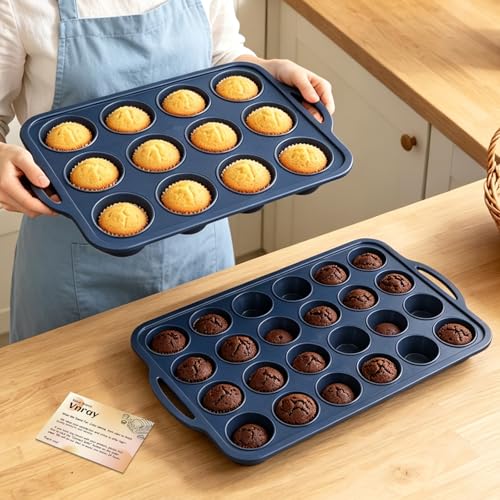 2 Pack Silicone Muffin Pan 12 & 24 with Frame Non Stick Cupcake Baking Tin - color: Gray, size: Regular & Mini: 12 Cup & 24 Cup