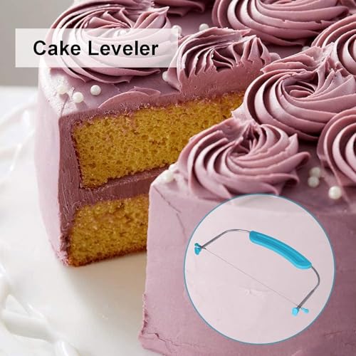 Cyrank Adjustable Cake Leveler for Leveling and Torting, 13.58 x 6.3inch 304 Stainless Steel Cake Leveler Adjustable Wire Cake Cutter with Handle and Scale DIY Baking Tool for Kitchen(Blue)