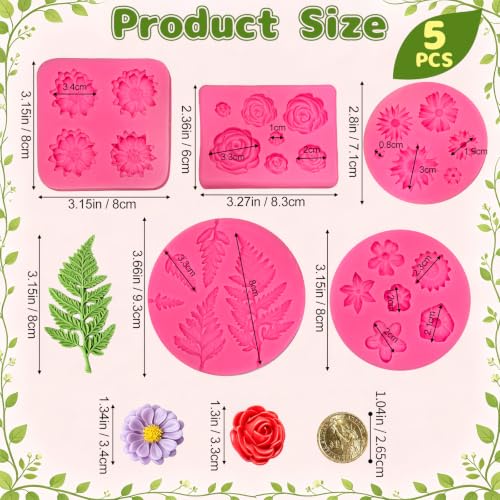 Flower Silicone Mold, 5 Pcs Rose Sunflower Daisy Fern Leaf Fondant Molds - color: Flower Silicone Mold, Pink