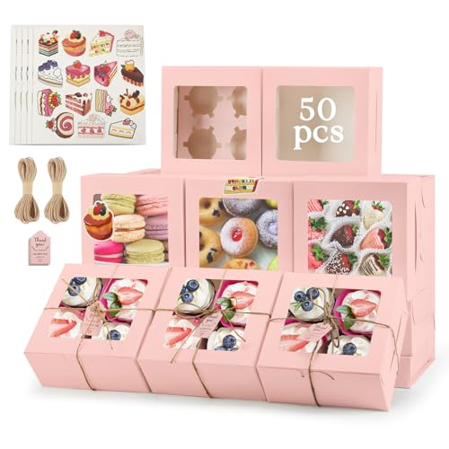 OAMCEG Cupcake Boxes with Window, 6x6x3 Inches Cookie Boxes,50 Pack,Pink - color: pink-stickers-50pcs