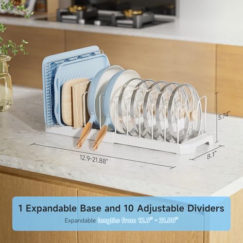 MUDEELA Pots and Pans Organizer under Cabinet, White - color: White, size: 12 Adjustable Dividers