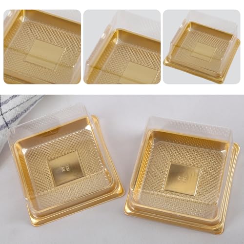 Hewnda 50 Pack Gold Cake Pans, Clear plastic mini cake box