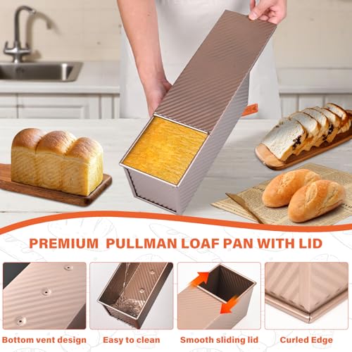 Pullman Loaf Pan with Lid 13x4 Inch, 2.2lb Dough Capacity for Homemade Bread, Non-stick Corrugated Carbon Steel Bread Toast Box with Cover for Bakeware, Sandwich & Toast Oven Baking, Gold - size: 2.2 lb