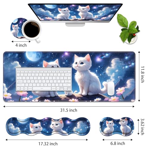 4 in 1 Ergonomic Memory Foam Mouse Pad Wrist Rest Set, Large XXL Gaming Desk Pad + Keyboard Wrist Rest + Mouse Wrist Cushion + Coaster for Home Office Study Gaming, Cute Cat - color: Cute Cat