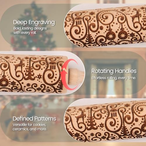 Floral Reindeer Embossed Rolling Pins for Cookies, Wooden Engraved Rolling Pin for Baking, Embossing Rolling Pin with Design, Patterned Rolling Pin Decorative Springerle Mold Stamp Clay Pattern Roller - color: Floral Reindeer