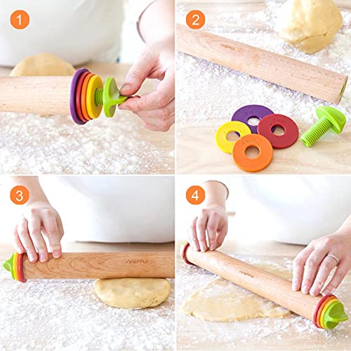 Rolling Pin with Thickness Rings,13.6''Dough Roller & Mat Fits Baking Dough - color: Wood