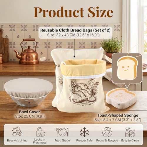 4-Pcs XL Beeswax Bread Bag Set: 2 Bags, Bowl Cover & Cleaning Sponge - color: Bread