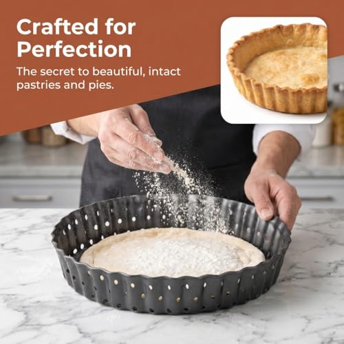 Carbon Steel Tart Pan with Removable Bottom - Nonstick Perforated Deep Dish Baking Pan for Quiche Pie Pizza Black(8 in) - size: 8 in