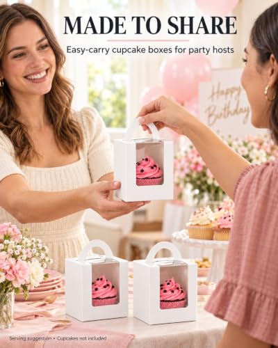 Cupcake Boxes, 30 Pcs Single Cupcake Boxes Individual Cupcake Containers Muffins Cupcake Carriers Holder Kraft Pastry Containers with Insert Window & Handle for Wedding Birthday Parties (White) - color: White