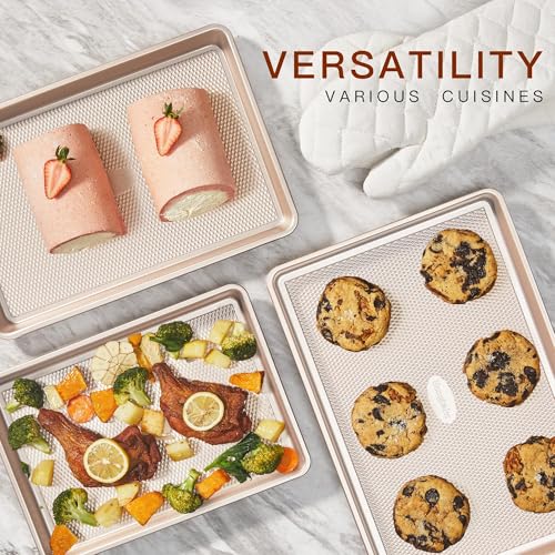 HONGBAKE 3 Pack Gold Nonstick Baking Sheet Pan Set with Oven Mitts Heat Resistant, Non-Toxic Half/Quarter/Jelly Roll Pans with Diamond Texture Pattern, Heavy Duty 0.8mm Thick Cookie Trays for Cooking - color: Champagne Gold (Carbon Steel) + Mitts