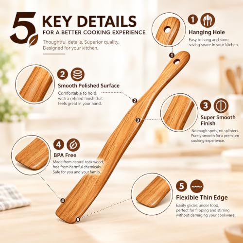 Spurtle for Sourdough Starter, Dough Mixing, Reaching Jar Bottom, High Moisture Resistant Natural Teak Wood, Wooden Bread Making Tool for Non-Stick Cookware