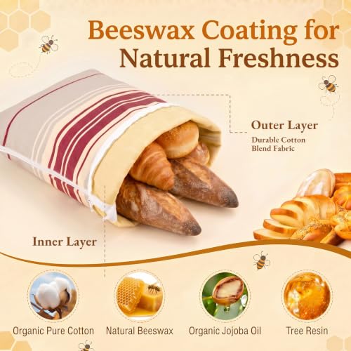 4-Pcs XL Beeswax Bread Bag Set: 2 Bags, Bowl Cover & Cleaning Sponge - color: Striped