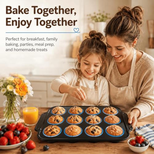 Silicone Muffin Pans for Baking, 12-Cup Muffin Tin with Metal Frame - color: Blue