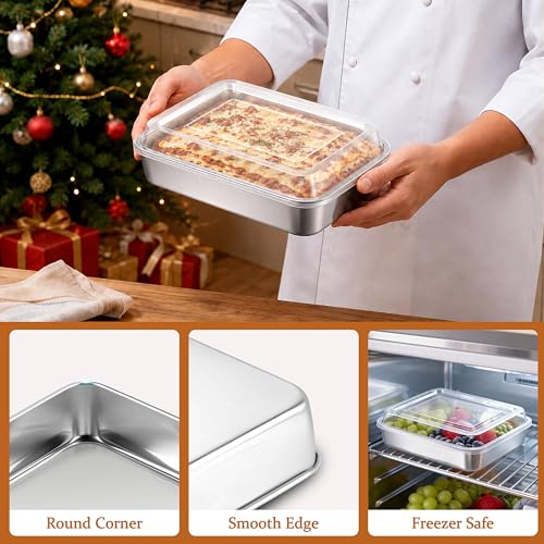 LIANYU 10 x 8 x 2 Inch Rectangular Baking Pan with Lid, 4 Pack Stainless Steel Sheet Cake Pan Set, Brownie Lasagna Bakeware for Kitchen Cooking, Dishwasher & Oven Safe (4 Pan +4 Lid) - size: 10.23 x 8 Inch