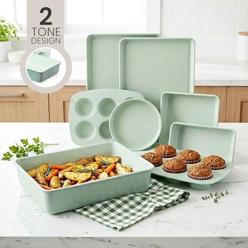 Larder & Vine 8-Piece Stackable Bakeware Set, Ceramic-Coated Nonstick Baking Pan Set, Non-Toxic, with Baking Sheets, Muffin Pan, Loaf Pan & Cake Pans, Sage - color: Sage