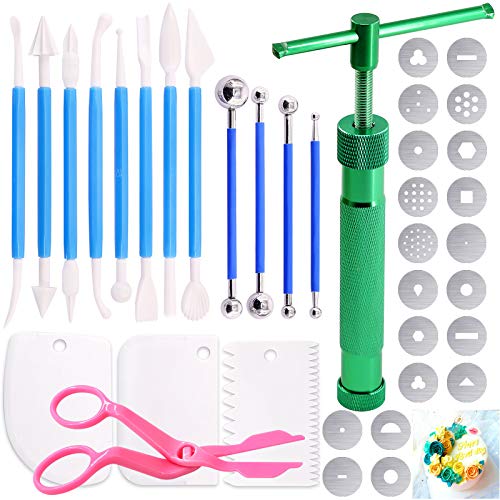 Keadic 37 Pieces Green Clay Fondant Extruder Cake Decorating Supplies Sugar Modeling Tool Set, Clay Extruder Gun with 20 Tips Sugar Extruder Disks & Ball Stylus Dotting Tool - color: Green