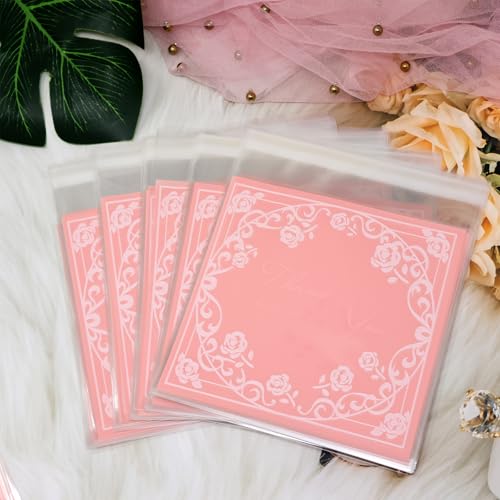 yueton 100PCS Self Sealing Cellophane Cookie Bags Cute Pink Cookie Bags Adorable Resealable Cellophane Bags for Christmas Wedding Gift Giving