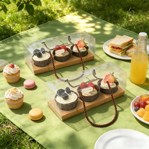 20Pcs Clear Cupcake Boxes with Handle, Cupcake Carrier for Party - color: Brown