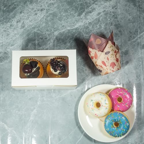 White Cupcake Boxes, Premium Sturdy Cupcake Carriers with Inserts and Clear Window Perfect for Cupcake Package and Presentation(Holds 2, Pack of 30) - size: 2-Cup, 30-Pack