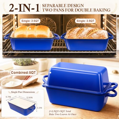 2-in-1 Enameled Cast Iron Dutch Oven for Bread Baking, Loaf Pans with Lid - style: Blue 2-in-1 5 Qt