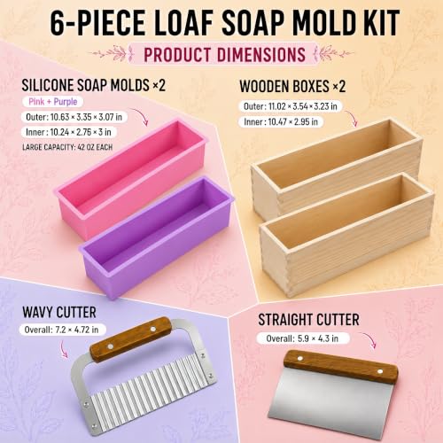 SJ 2-Pack 42 oz Soap Making Kit with Loaf Molds, Wooden Box & Cutters - color: Pink+Yellow / Rectangle