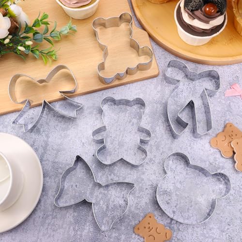 FYSUIMU 6Pcs Bear Bow Cookie Cutter Cute Bear Face Bowknot Biscuit Cutter Stainless Steel Cookie Cutting Molds for Birthday Baby Shower DIY Crafts Baking Supplies