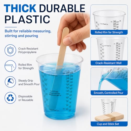 Taeku Plastic Measuring Cups with Mixing Sticks, 8 oz Clear Cup, 100 Pack