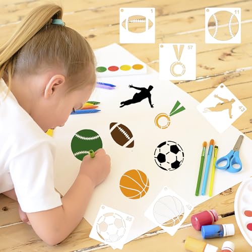60 Pcs Small Sport Stencils for Painting-3 Inch Reusable Small Soccer Basketball Stencils Sport Stencil for Cookie Rock Sport Theme Cake DIY Crafts - color: Small Sport(60Pcs)