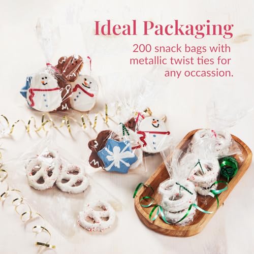 Prestee 200 Pack Clear Cellophane Bags for Favors - Transparent Goodie Bags for Birthday Party, 6x10 Inch Clear Bag with 4-Inch Twist Ties - Candy, Treat, Cookie Bag for Gift Giving - style: Twist Ties
