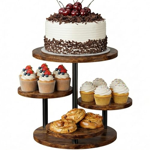 Cup Cake Tower Stand 50 Cupcakes 4 Tier Wooden Cookies Display Stand 360°Rotating Cup Cake Holder Round Cake Stands for Party Birthday Baby shower Afternoon Tea Dessert Table, Rustic Brown