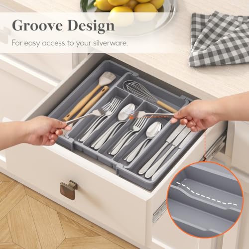 Lifewit Expandable Silverware Drawer Organizer, Kitchen Utensil Tray - color: Gray, size: Medium Wide(8.5-14''W x 12''D)