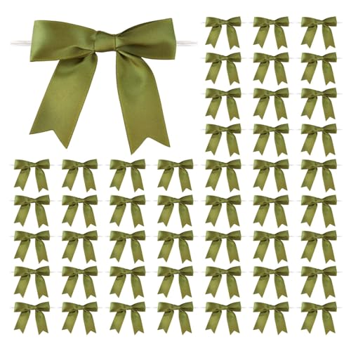 Meseey 50 Pcs 3 Inches Twist Tie Satin Ribbon Bows Moss Green Pretied Premade Craft Bows for Treat Bags Gift Wrapping Basket Wedding Baby Shower Brithday Christmas Party (3", Moss Green) - color: Moss Green