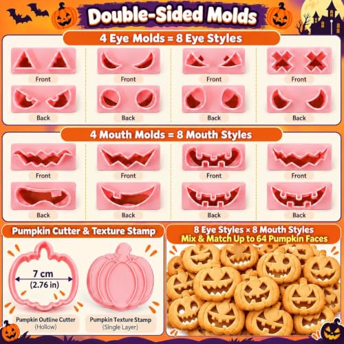 Pumpkin Face Cookie Stamps Set, 10 Pieces 3D Pressable Cookie Cutters - color: Pumpkin