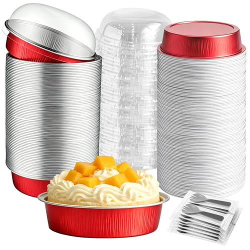 Mini Cake Pans With Lids And Spoons, Baking Tins For Round Small Desserts 7 Oz Aluminum Foil Baking Pans Disposable Ramekins Individual Cake Containers Holders For Tart Quiche Flan (50, Red) - color: Red