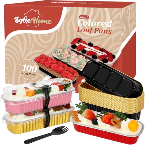 Mini Loaf Pans with Lids and Spoons (100 Pack, Mixed color, 6.8oz) Rectangular Aluminum Foil Baking Pans - color: Mixed color
