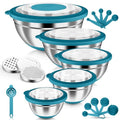 HaWare Mixing Bowls, 24-Piece Stainless Steel Salad Serving Bowl with Airtight Clear Lids, Metal Nesting Bowl For Kitchen Cooking Prepping Storing with 3 Graters, 4.6/2.6/1.5/1/0.7 QT, Teal Blue - color: Teal Blue