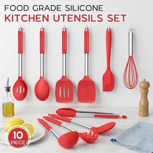 Onader 10 Pieces Silicone Kitchen Utensils Set, Cooking Utensils with Holder and Heat Resistant Stainless Steel Handle for Nonstick Cookware -Red - color: Red