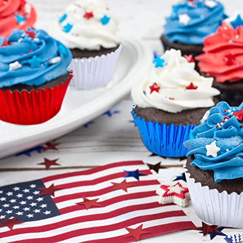 Whaline 150Pcs Patriotic Cupcake Liners 4th of July Baking Cups Red Blue Silver Foil Metallic Cupcake wrappers for 250th Anniversary Independence Day Memorial Day Party Decor - color: Red Blue Silver