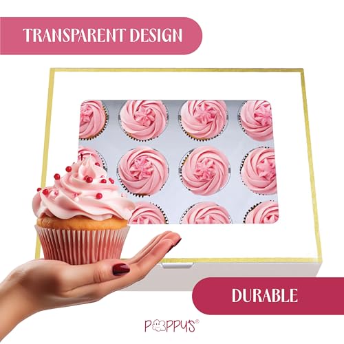 Poppy's (20 Pack) Gold-Trimmed Cupcake Boxes - 12 Count Cupcake Containers with Removable Inserts, Transparent Window Cupcake Holder - color: 20 Pack