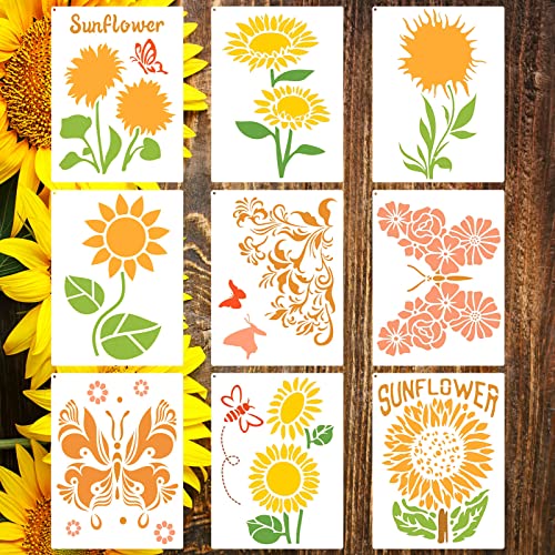 9PCS Sunflower Butterflies Stencils, Reusable PET Sun Flower Template - color: Sunflower
