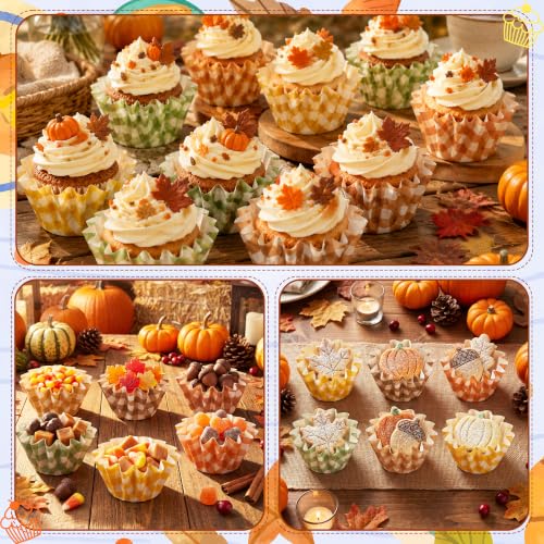 Fall Plaid Mini Size Cupcake Liners, Bulk Grease Resistant Baking Cups - color: Orange, Green