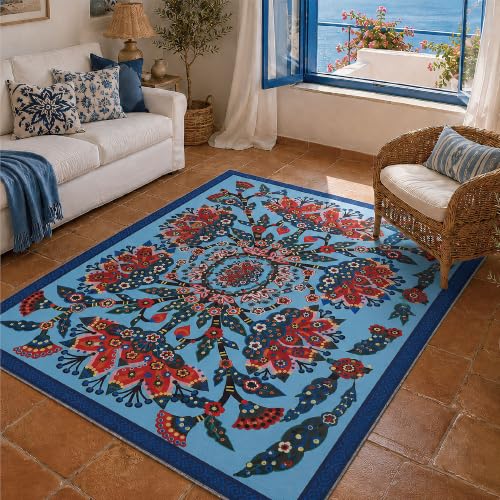 Lotus Area Rug 4x6 Washable Accent Rug - color: Blue Flower, size: 4' x 6' (Rectangular)