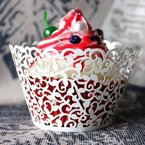 YOZATIA 60PCS Vine White Cupcake Wrapper, Lace Cupcake Wraps Liner for Wedding Party Cake Decoartion (White) - color: White