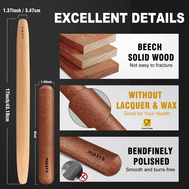 Walfos French Rolling Pin Set - Natural Wooden Rolling Pins (8inch, 15.7inch) With Non-stick Silicone Fiber Pastry Mat, Baking Dough Roller for Pizza, Pie, Pasta, Bread, Pastry - size: 8 in + 15.7 in + pastry mat
