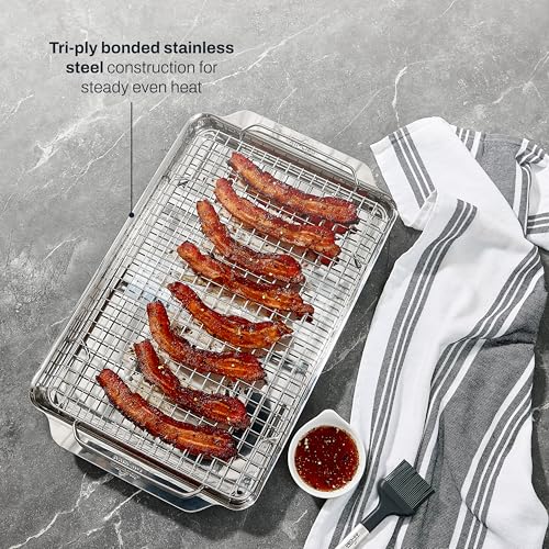 All-Clad Stainless Steel Half-Sheet Baking Pan 13" x 21" with Cooling Rack - Tri-ply Bonded for Consistent Baking- (Roast, Bake Cookies, Brownies and More) Professional Stainless Steel Bakeware - size: 2Pcs Half Sheet Pan & Cooling Rack Set(13" x 21")